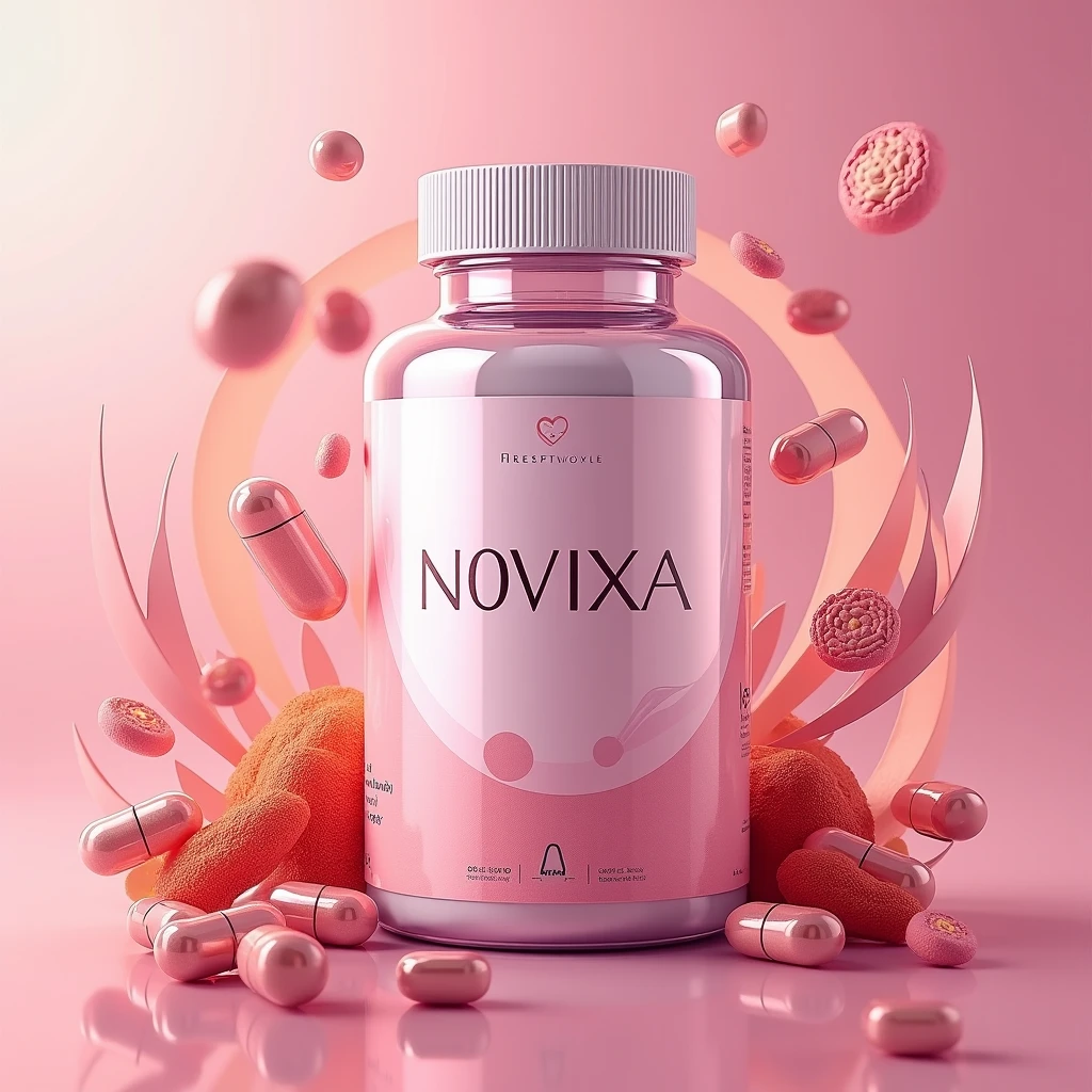 Novixa supplement bottle illustration with gradient accents